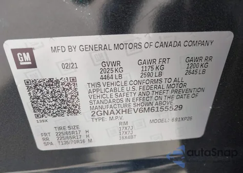 2021 Chevrolet Equinox Fwd Ls z USA, uszkodzony, nr VIN 2GNAXHEV6M6155529